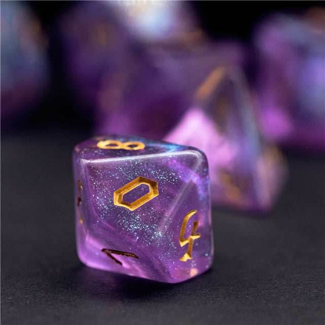 Purple Glitter Party Glitter Dice (Gold font) 7-Dice Set RPG DND - 