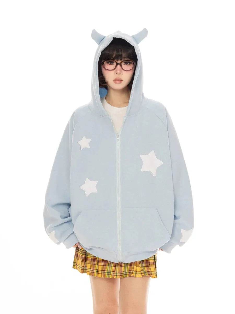 'Angels Here' Streetstyle Kawaii Star Pattern Angel Wings Hoodie - black / m