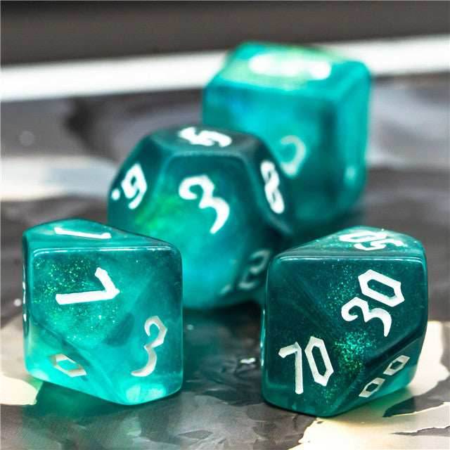 Blue-Green Glitter Party Dice (White font) 7-Dice Set RPG DND - 
