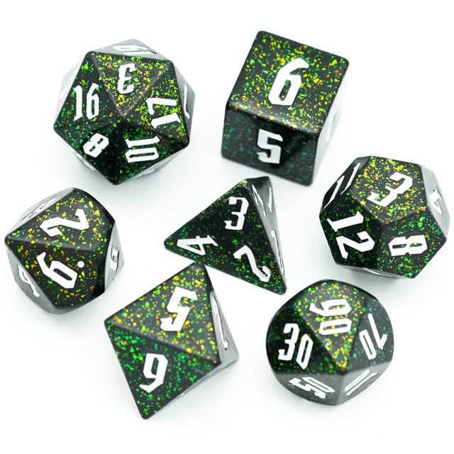 80's Monster Glitter DND Dice (Black,Green,Orange) 7-Dice Dungeons and Dragons Dice - 