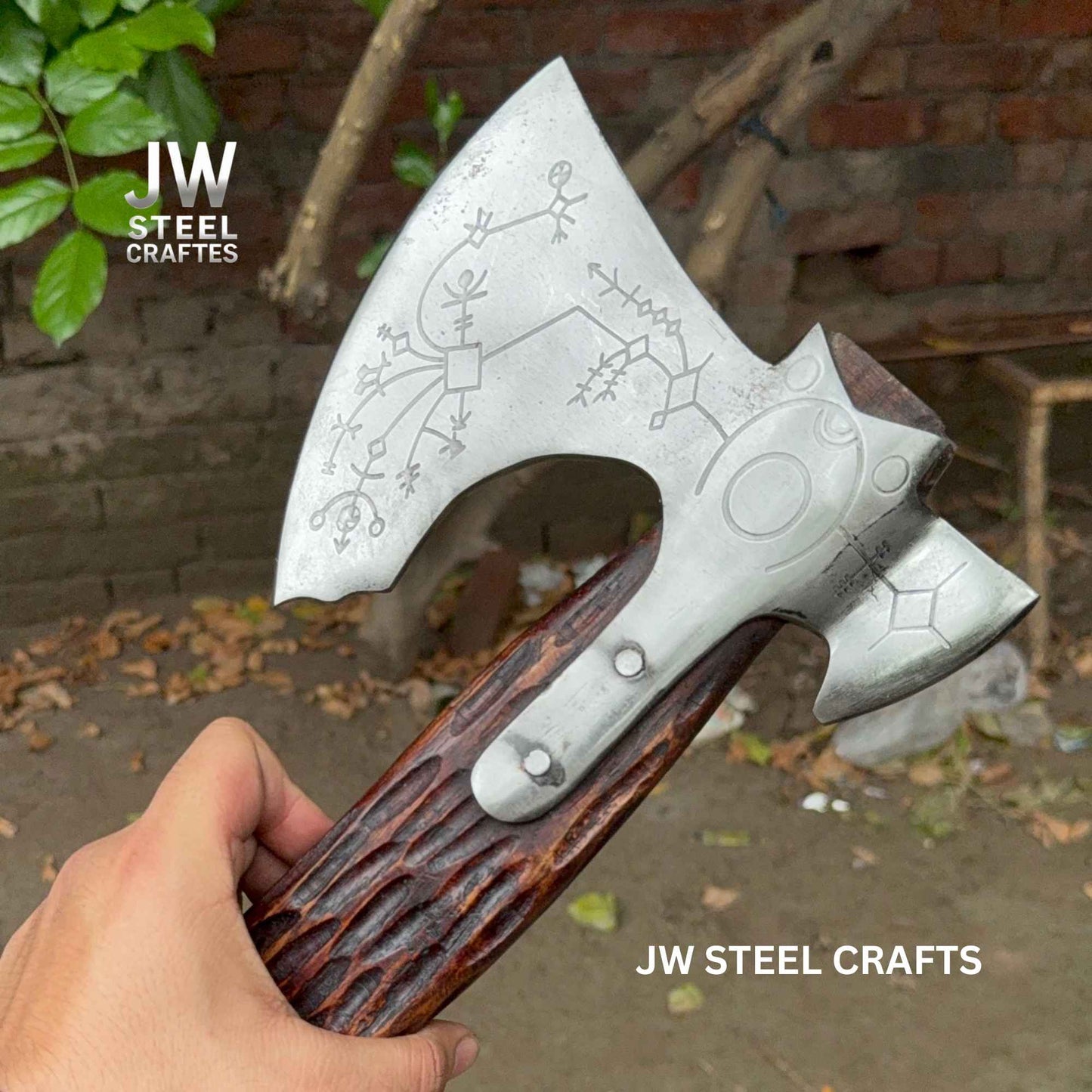 Hand Engraved Viking Double-Bit Axe with Carved Hardwood Handle and Norse Rune Detailing | Handmade Damascus Steel Collector Axe | JW SteelCrafts