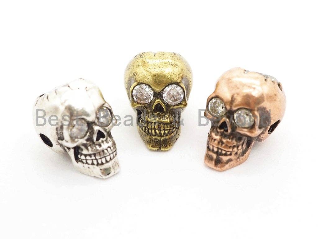 3D Antique Style Skull Bead, CZ Pave Skull Beads, Gold/Silver/Copper Skull Charm, Men's Bracelet Beads, 8.7x12x9.6mm, 1pc, sku#Y139