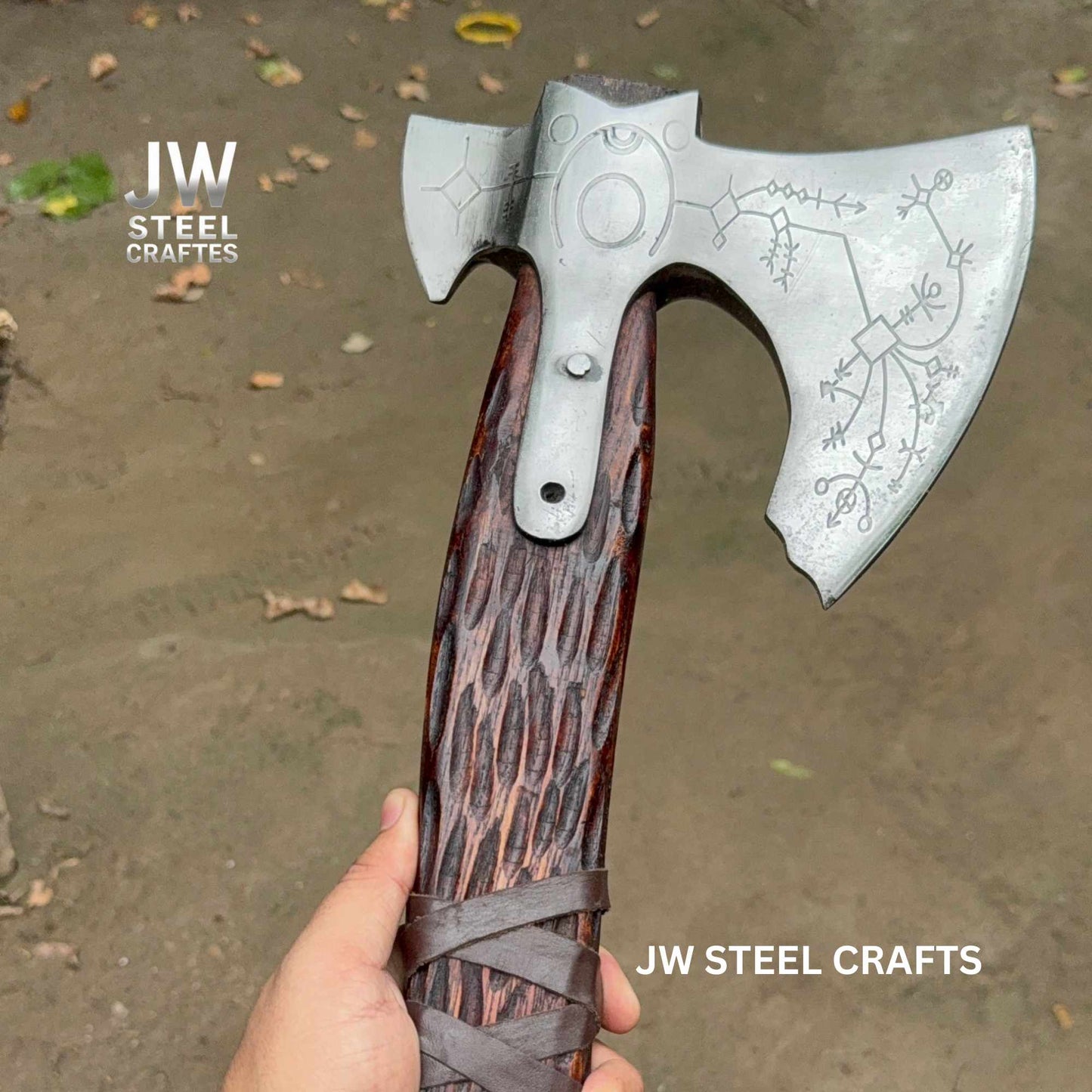 Hand Engraved Viking Double-Bit Axe with Carved Hardwood Handle and Norse Rune Detailing | Handmade Damascus Steel Collector Axe | JW SteelCrafts