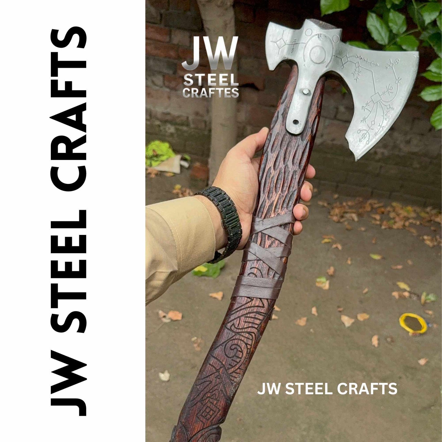 Hand Engraved Viking Double-Bit Axe with Carved Hardwood Handle and Norse Rune Detailing | Handmade Damascus Steel Collector Axe | JW SteelCrafts