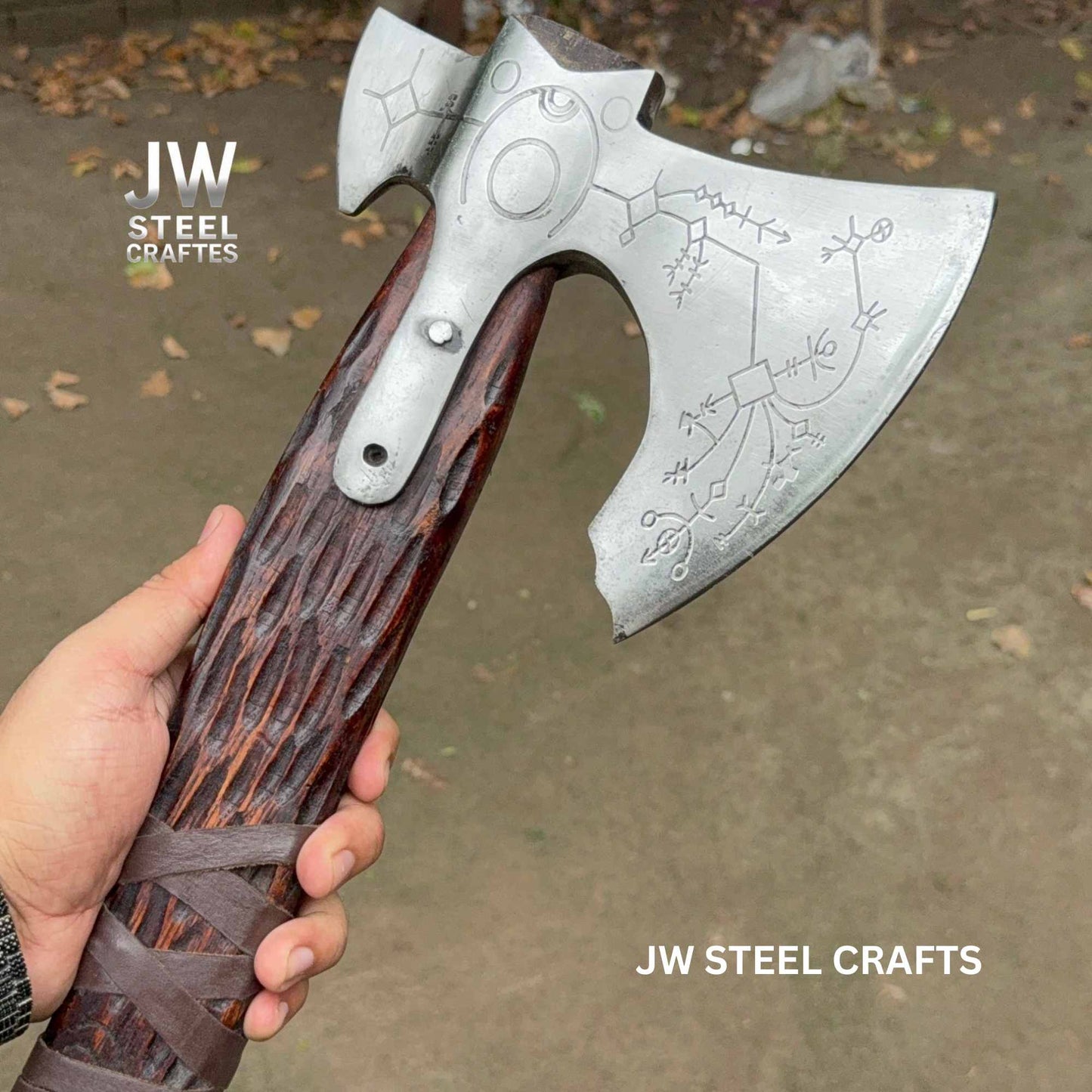 Hand Engraved Viking Double-Bit Axe with Carved Hardwood Handle and Norse Rune Detailing | Handmade Damascus Steel Collector Axe | JW SteelCrafts