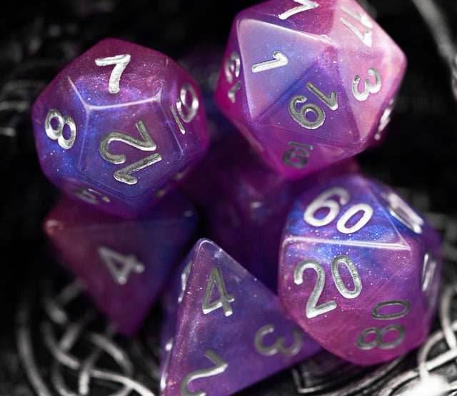 Pink & Blue w/silver Galaxy Glitter 7-Dice Set RPG - 
