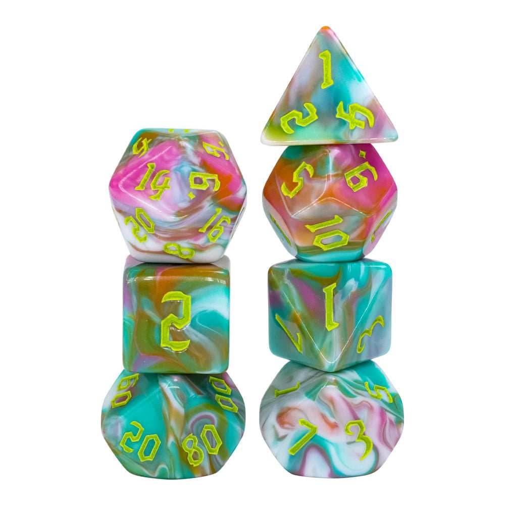 Teal Sky 7-Dice Set Pastel Green Pink w/Green Numbers Dnd Dice Set - 
