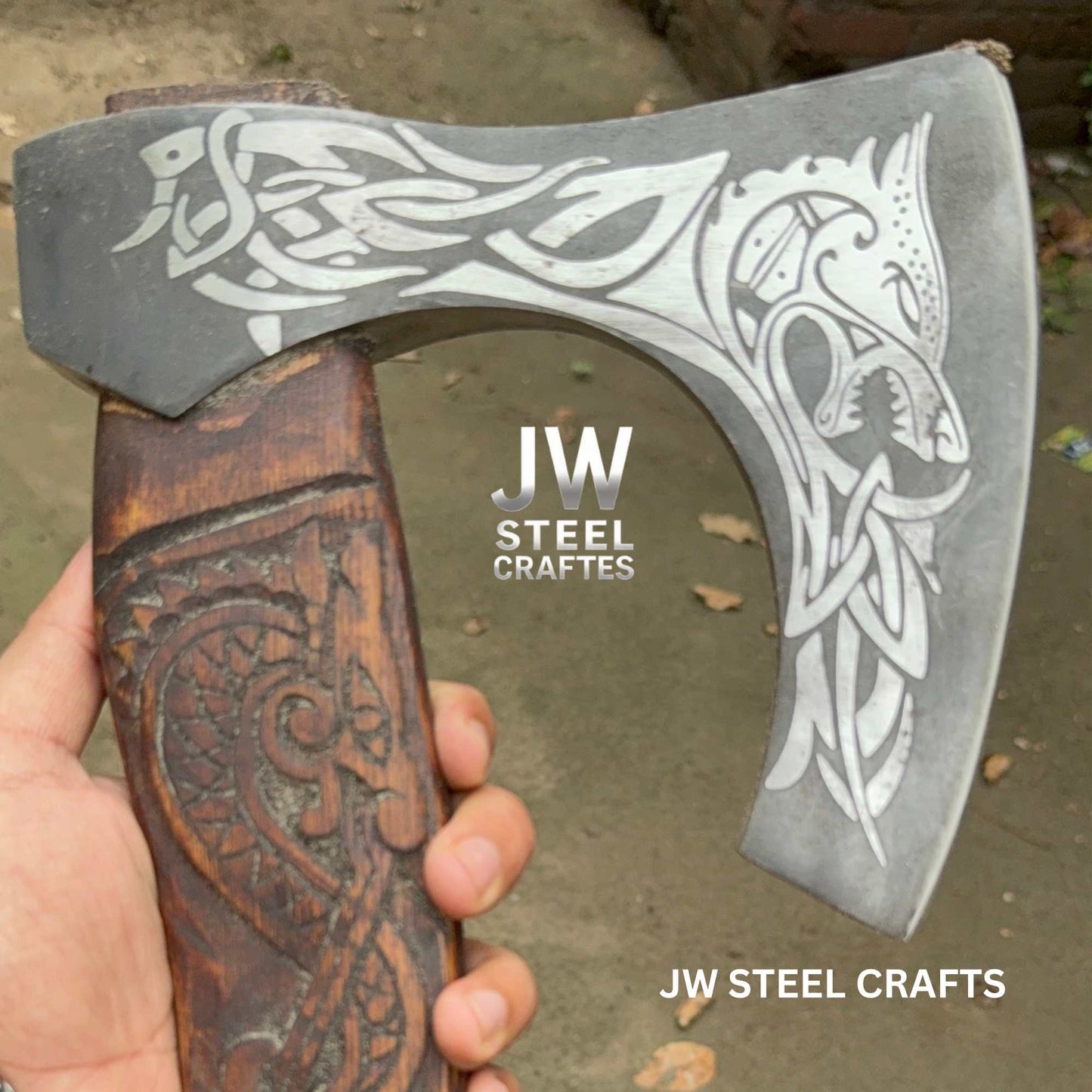 Hand-Engraved Viking Bearded Axe with Carved Hardwood Handle – Damascus Steel Blade | JW SteelCrafts