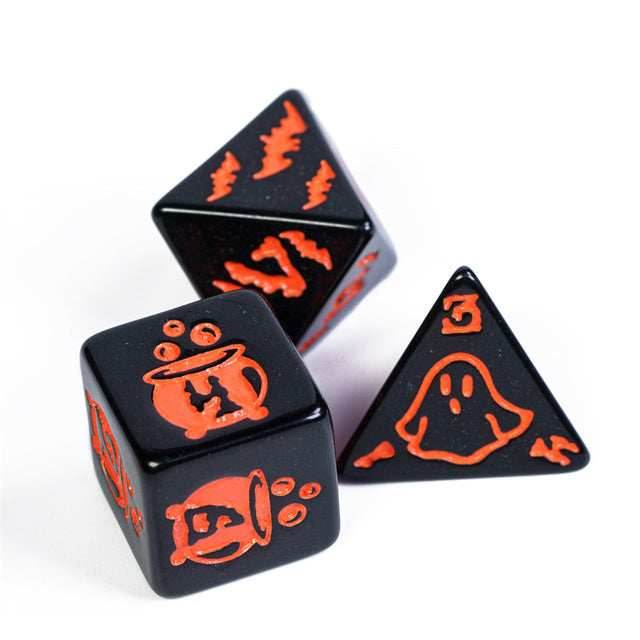 Halloween Black w/Orange | Pumpkin/Ghost/Bat/Cauldron 7-Dice Set DND - 