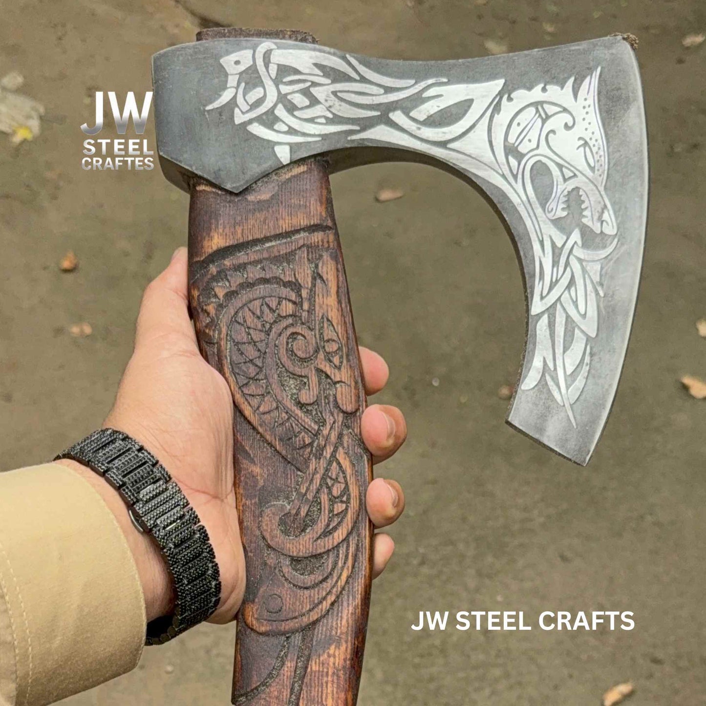 Hand-Engraved Viking Bearded Axe with Carved Hardwood Handle – Damascus Steel Blade | JW SteelCrafts