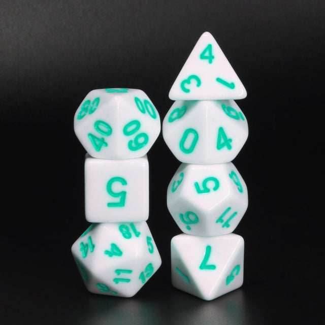 White Opaque with Teal Numbering 7-Dice Set RPG - 