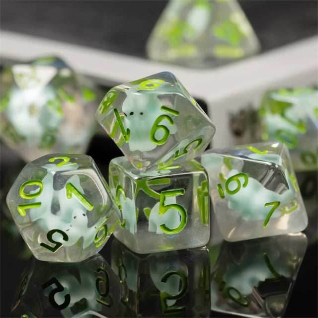 Dinosaur on Glitter 7-Dice Set w/Green Numbers Dnd Dice Set - 