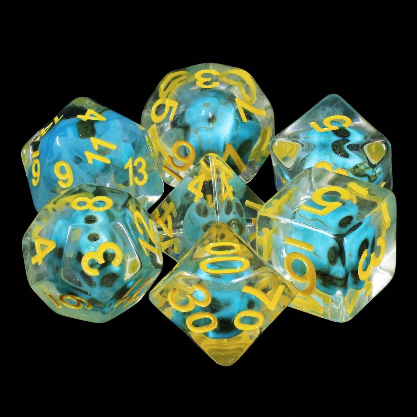 Turquoise Treasure Skull Dice Blue/Yellow Halloween Resin 7-Dice - 