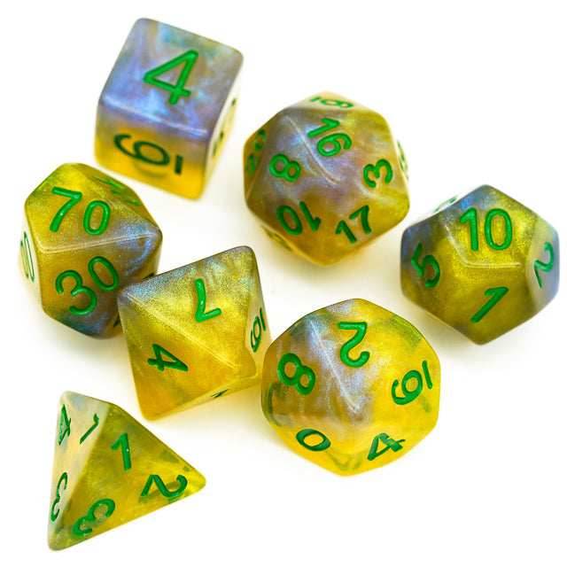Blue & Yellow w/green Galaxy Glitter 7-Dice Set RPG - 