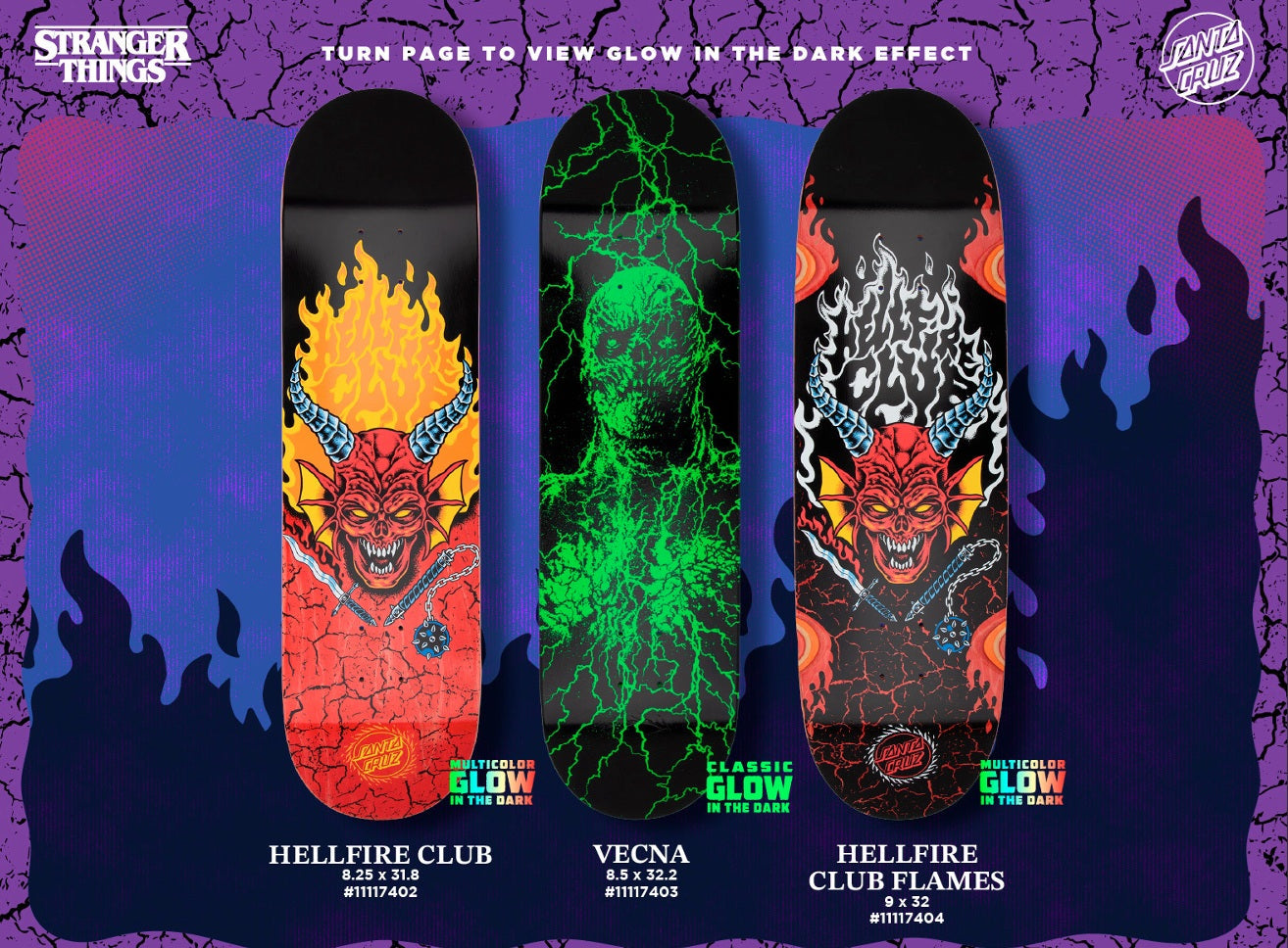 SANTA CRUZ x STRANGER THINGS HELLFIRE CLUB FLAMES 9" SKATEBOARD DECK