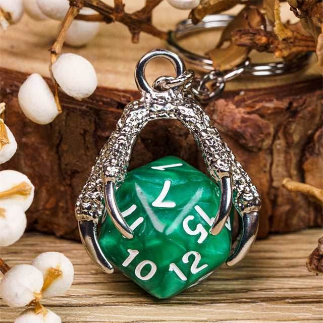Claw Green D20 Keychain Featuring Silver Metal Dragon Claw + d20 - 