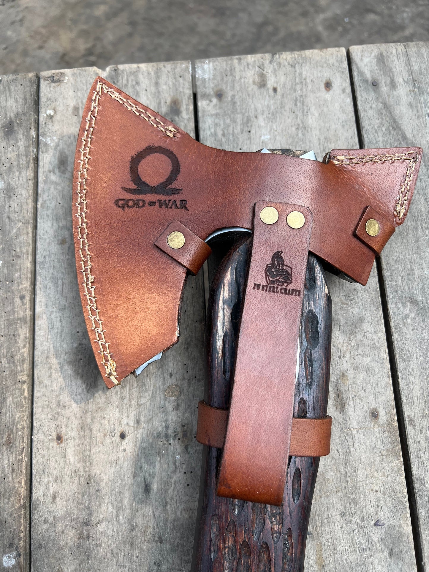 Hand Engraved Viking Double-Bit Axe with Carved Hardwood Handle and Norse Rune Detailing | Handmade Damascus Steel Collector Axe | JW SteelCrafts