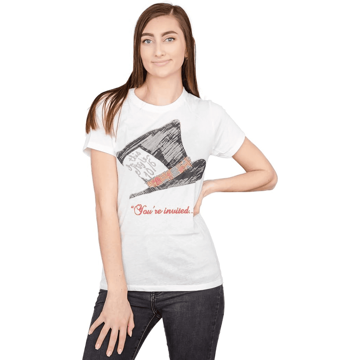 Alice in Wonderland Mad Hatter Hat You're Invited Juniors White T-Shirt Tee - S