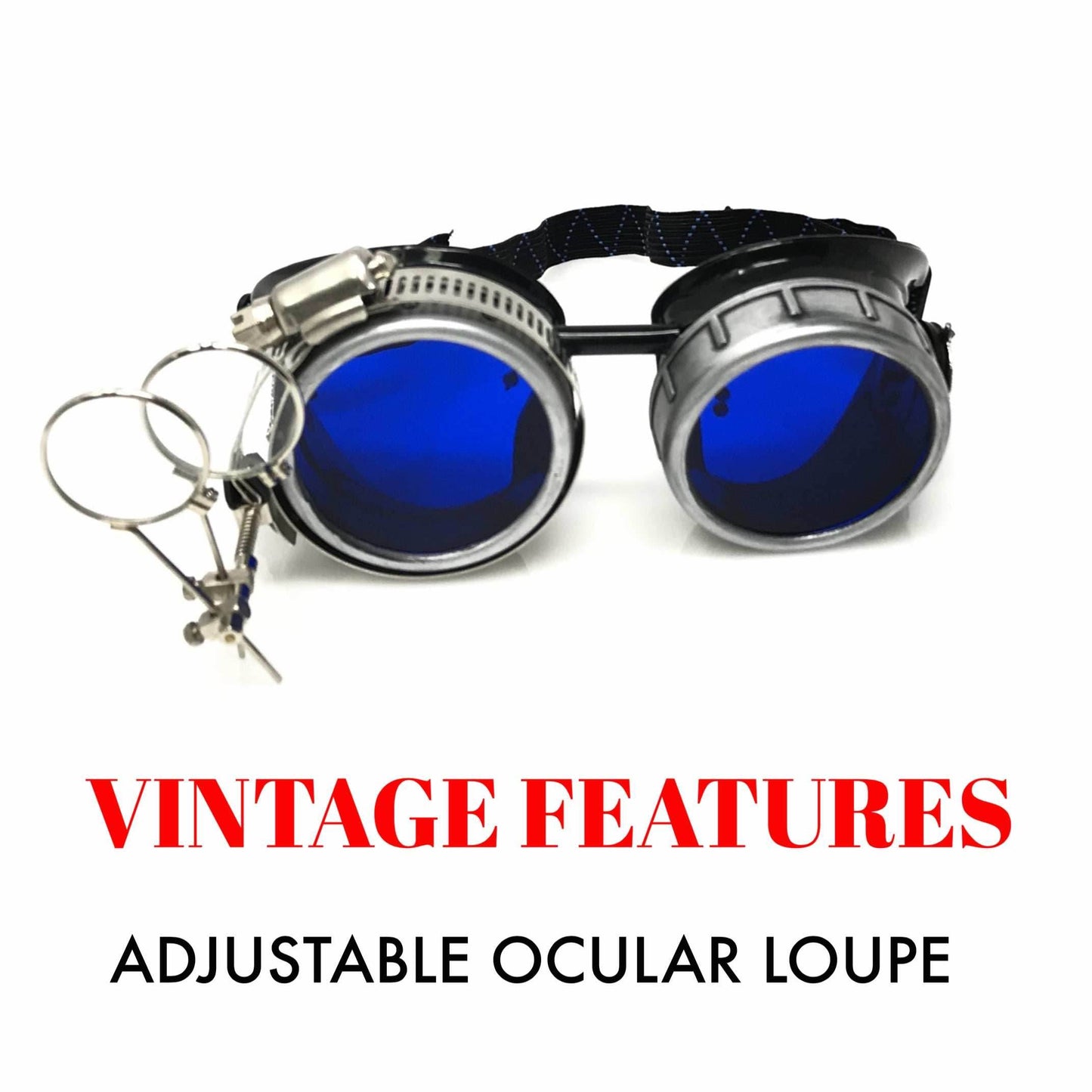 Diesel goth punk Metallic Goggles with magnifying eye loupes blue lenses - 