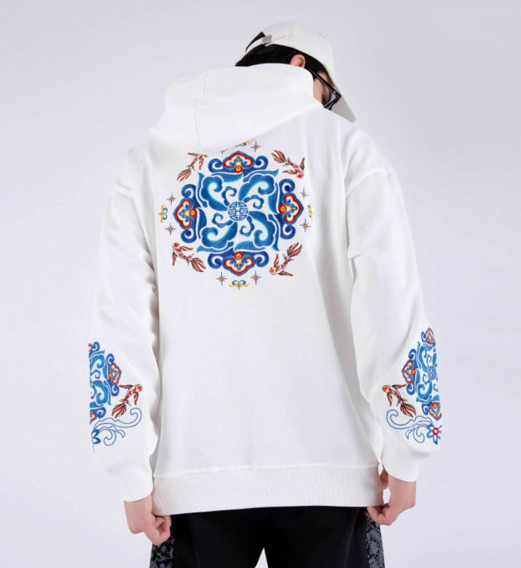 KH9201 Fish Art Embroidery Hoodie - White / S