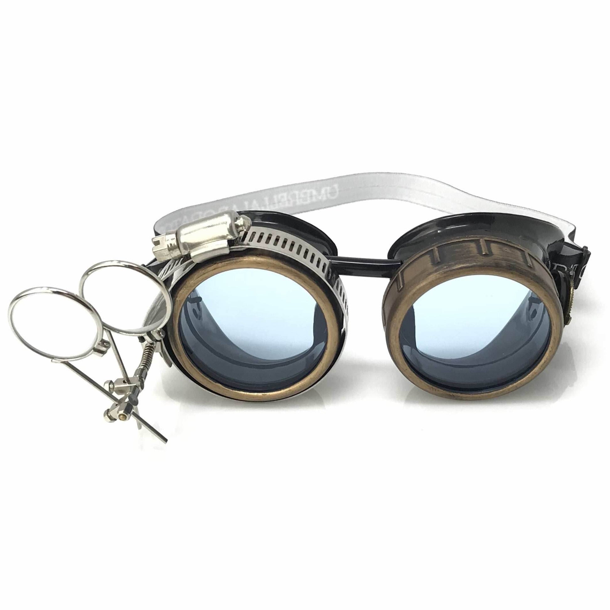 Steampunk Goggles with magnifying loupes UV glow neon blue lenses - 