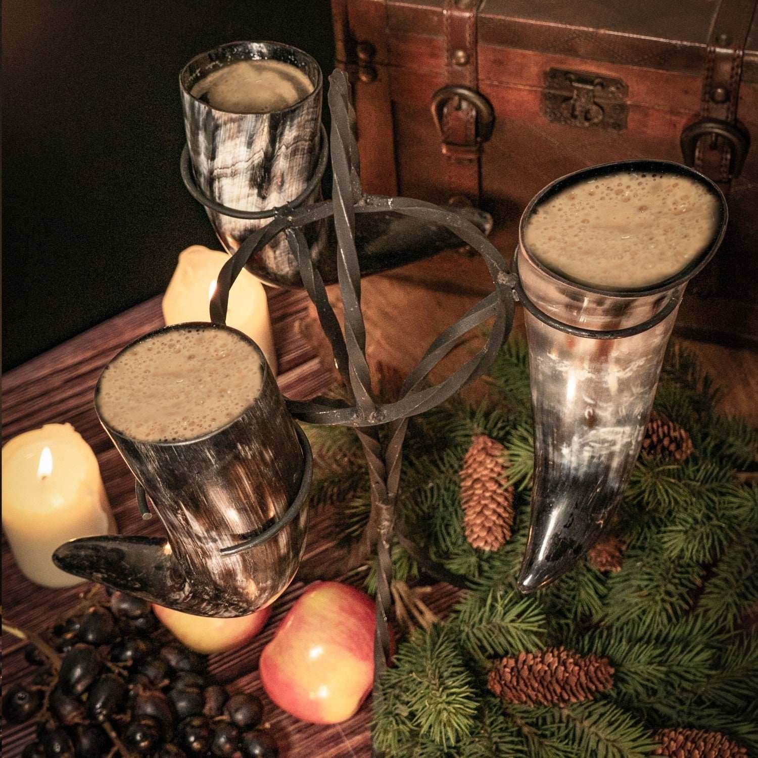 Drinking Horn Set (3) with Iron Stand - 