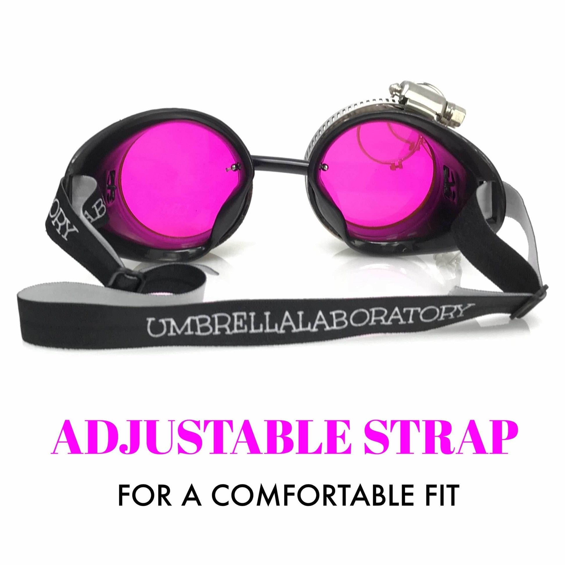 Steampunk Goggles with magnifying loupes UV glow neon pink lenses - 