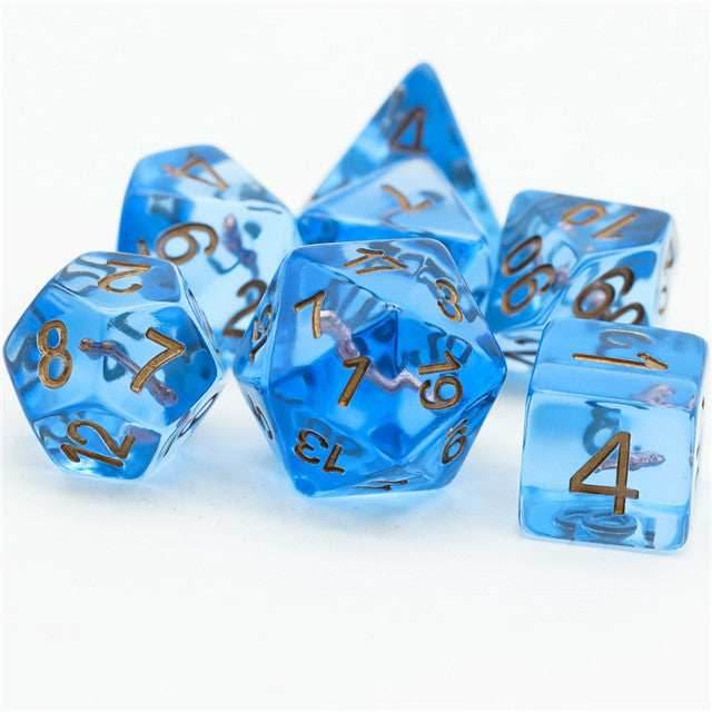 Wizard (Magic Wand) Clear Blue Dice w/ Golden Wand 7-Dice Set Rpg - 