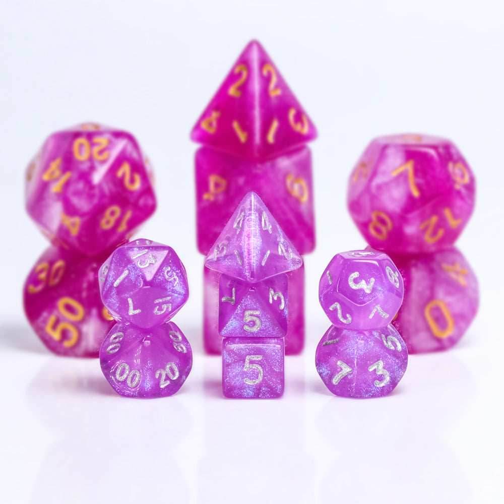Glitter Pink 7-Dice Mini-Dice RPG Set w/Silver Numbers Miniature Dice - 
