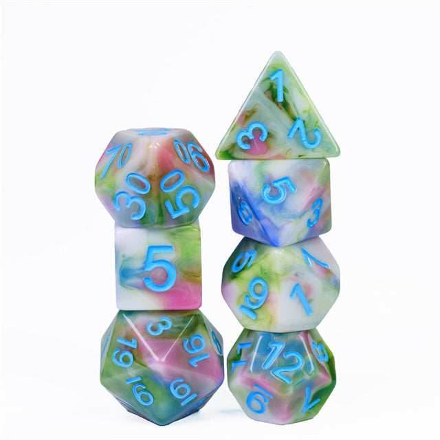 Earthly 4-Color 7-Dice Dnd Dice | Green White Green w/Blue Numbers Set - 