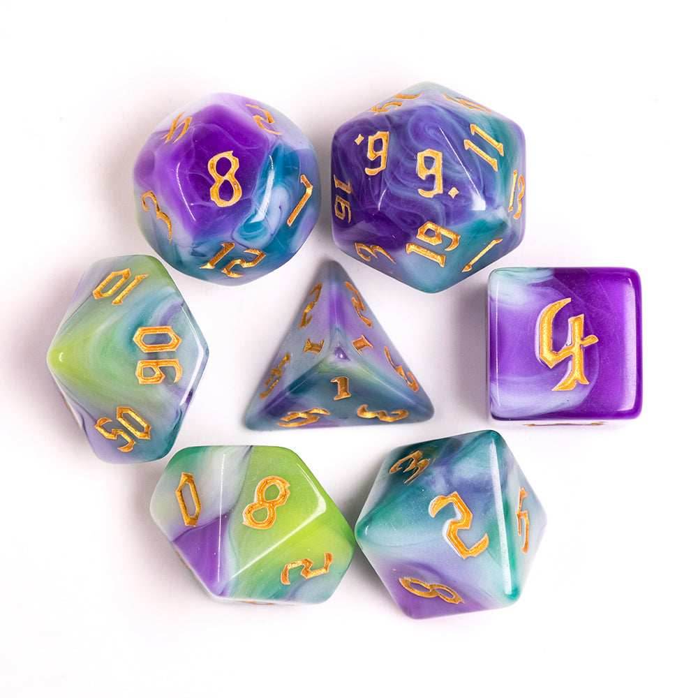 Siberian Iris 7-Dice Set Purple/White/Green w/Gold Numbers Dnd Dice Set - 