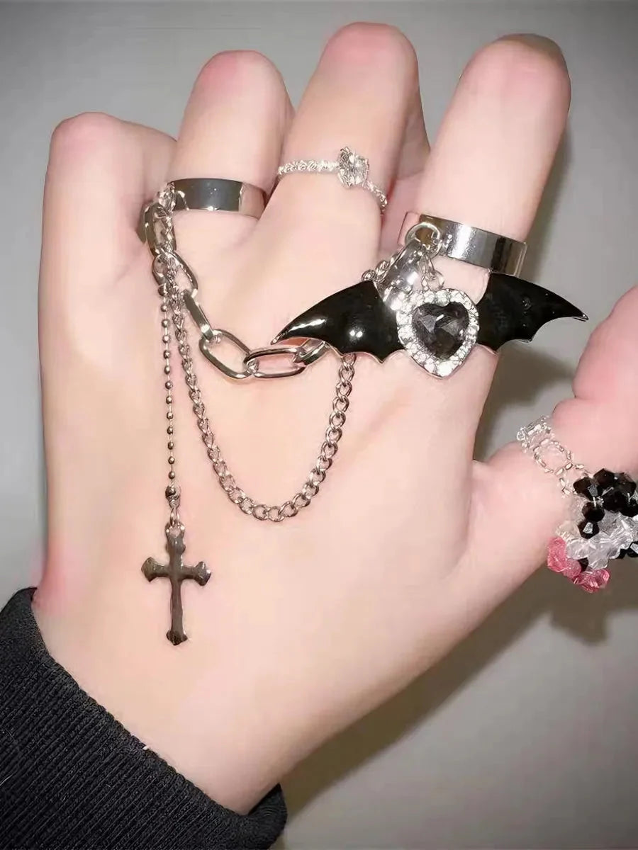 'Bat Doll' Kawaii Goth bat Wings & Cross Rings Set