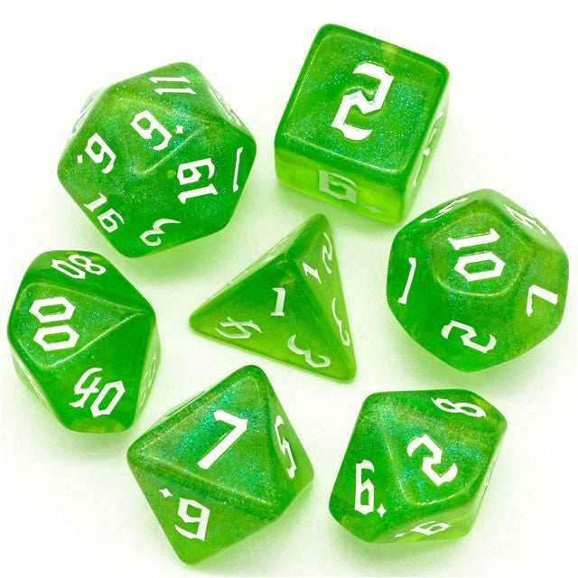 Deep Green Glitter Party Dice (White font) 7-Dice Set RPG DND - 