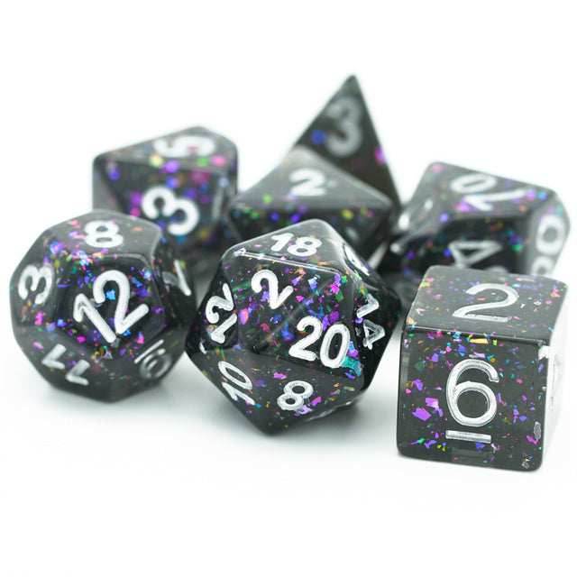 Black Cloud Brocade Powder 7-Dice Dnd Dice | Glitter w/Silver Numbers Set - 