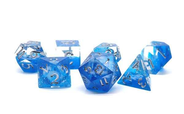 Dreaming of Space 7-Dice Set Resin Sharp Edge RPG DND Blue Glitter - 