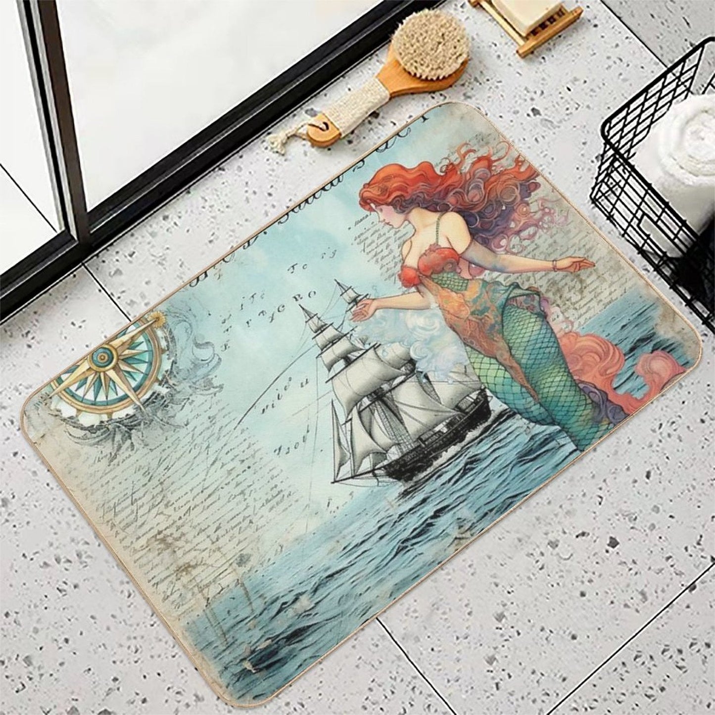 Vintage Mermaid Nautical  Fade-Resistant Bath Mat