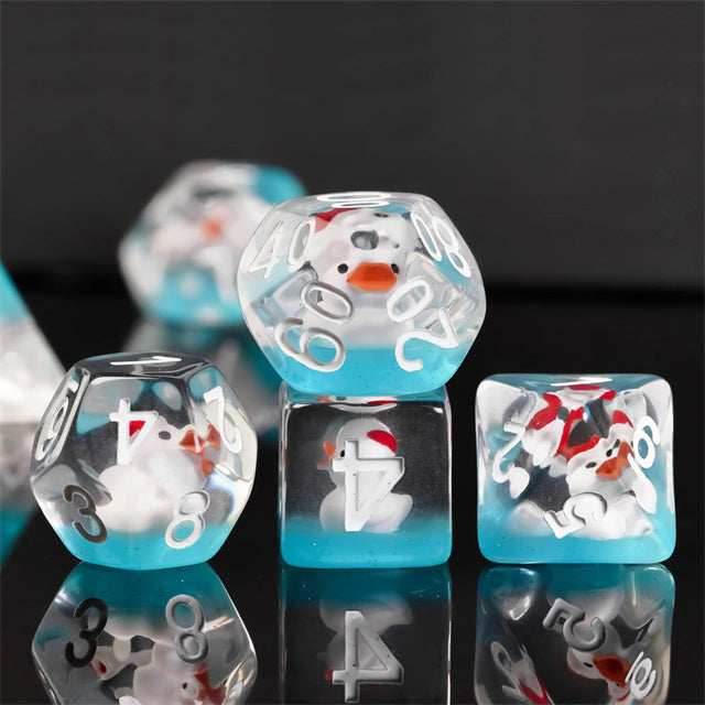 White Duck Red Hat on Blue 7-Dice Set w/White Numbers Dnd Dice Set - 