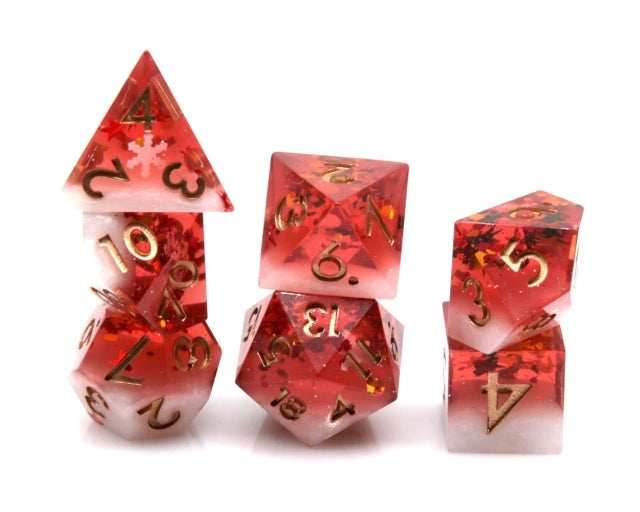 Translucent Red on Opaque White w/Foil Flakes 7-Dice Set Resin Sharp Edge RPG DND - 