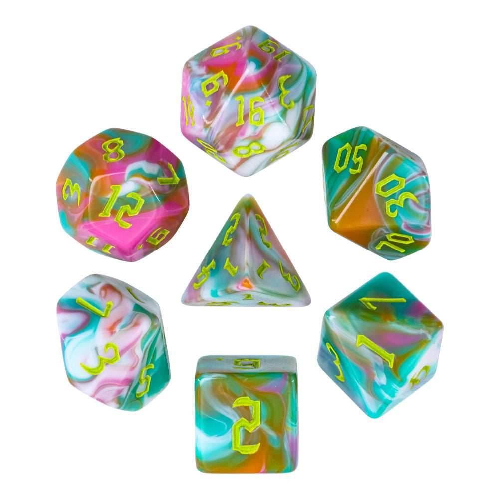 Teal Sky 7-Dice Set Pastel Green Pink w/Green Numbers Dnd Dice Set - 