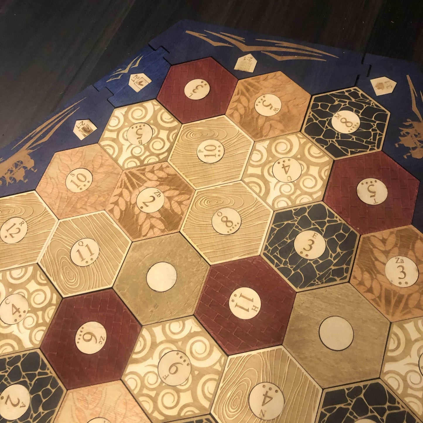 5-6 Player Blue Stained Catan Compatible Board Set with Laser Etched Terrain, Border and Number Pieces - Without Box