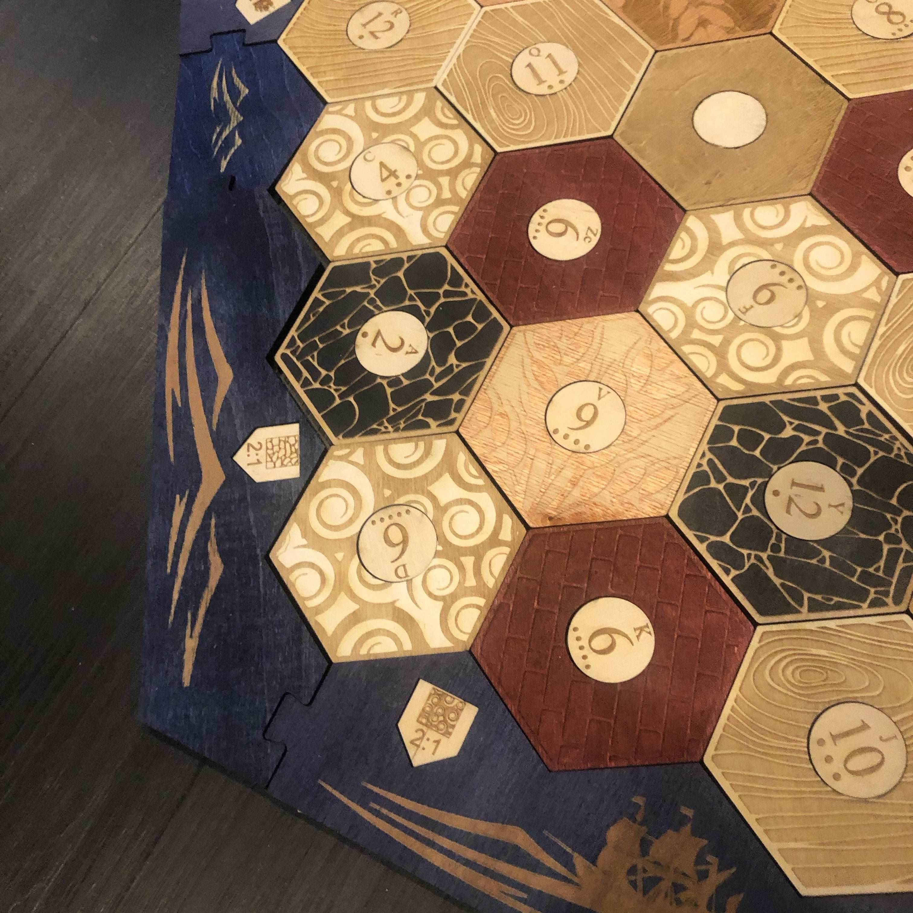 5-6 Player Blue Stained Catan Compatible Board Set with Laser Etched Terrain, Border and Number Pieces - Without Box