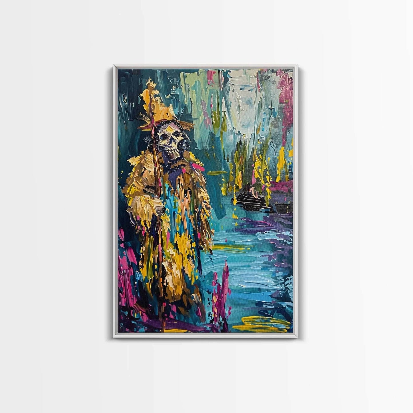 Halloween Skeleton Wizard, Framed Canvas Print, Wall Art, Home Decor, Spooky Artwork, Witchcraft Decor, Fantasy Art, Holiday Decor - 8x12 Inches / White Frame