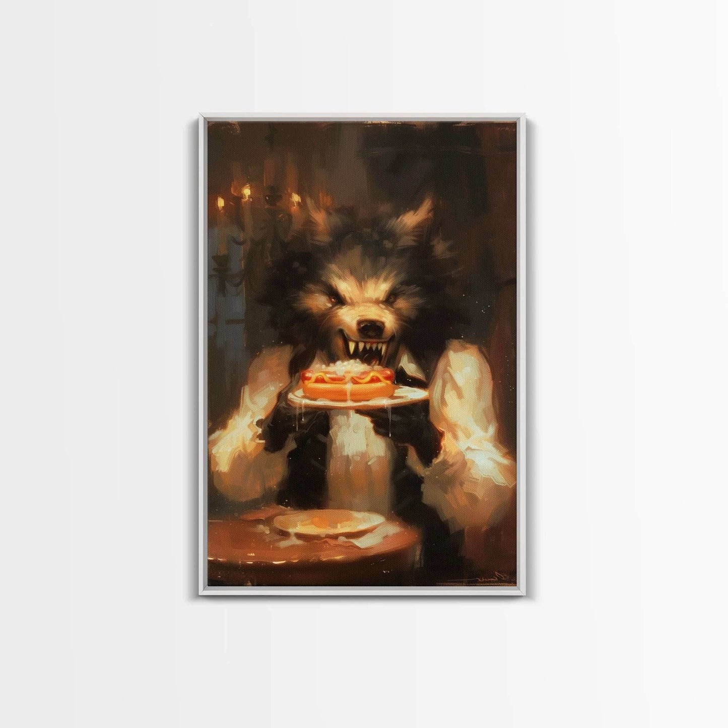 Halloween Werewolf Eating Hotdog, Framed Canvas Print, Wall Art, Spooky Artwork, Fantasy Decor, Halloween Decor, Whimsical Funny Halloween - 8x12 Inches / White Frame