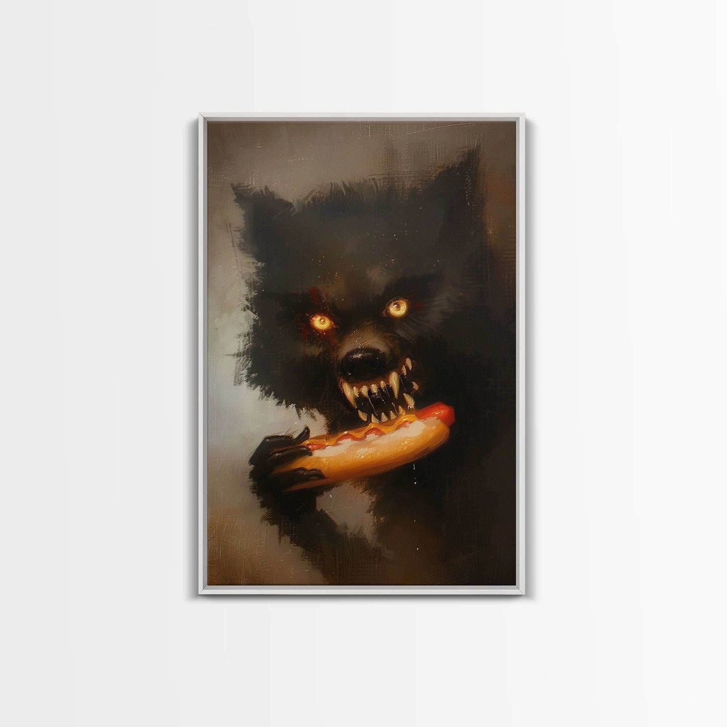 Halloween Werewolf Snarling, Framed Canvas Print, Wall Art, Home Decor, Spooky Art Monster Decor, Halloween Decor, Fantasy Art, Holiday Gift - 8x12 Inches / White Frame