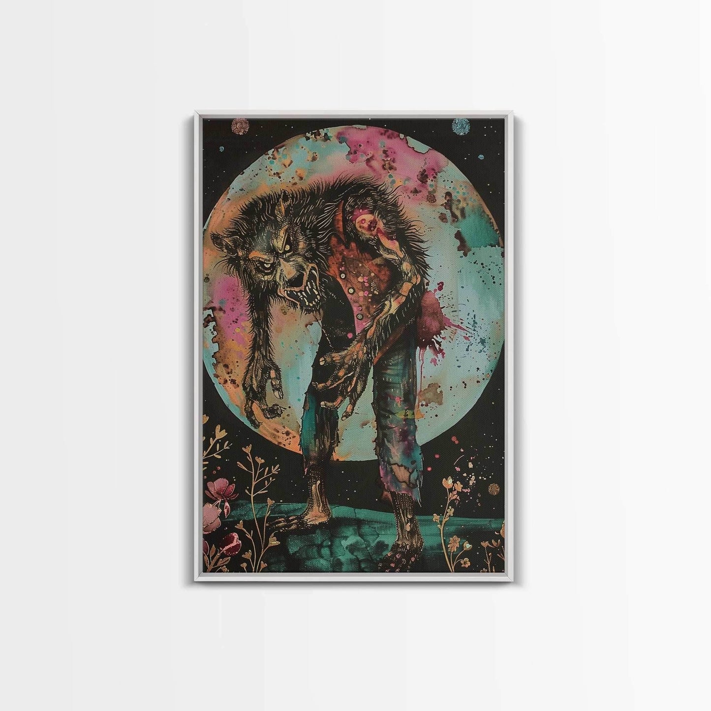 Halloween Werewolf Transformation, Framed Canvas Print, Wall Art, Home Decor, Spooky Artwork, Monster Decor, Halloween Decor, Fantasy Art - 8x12 Inches / White Frame