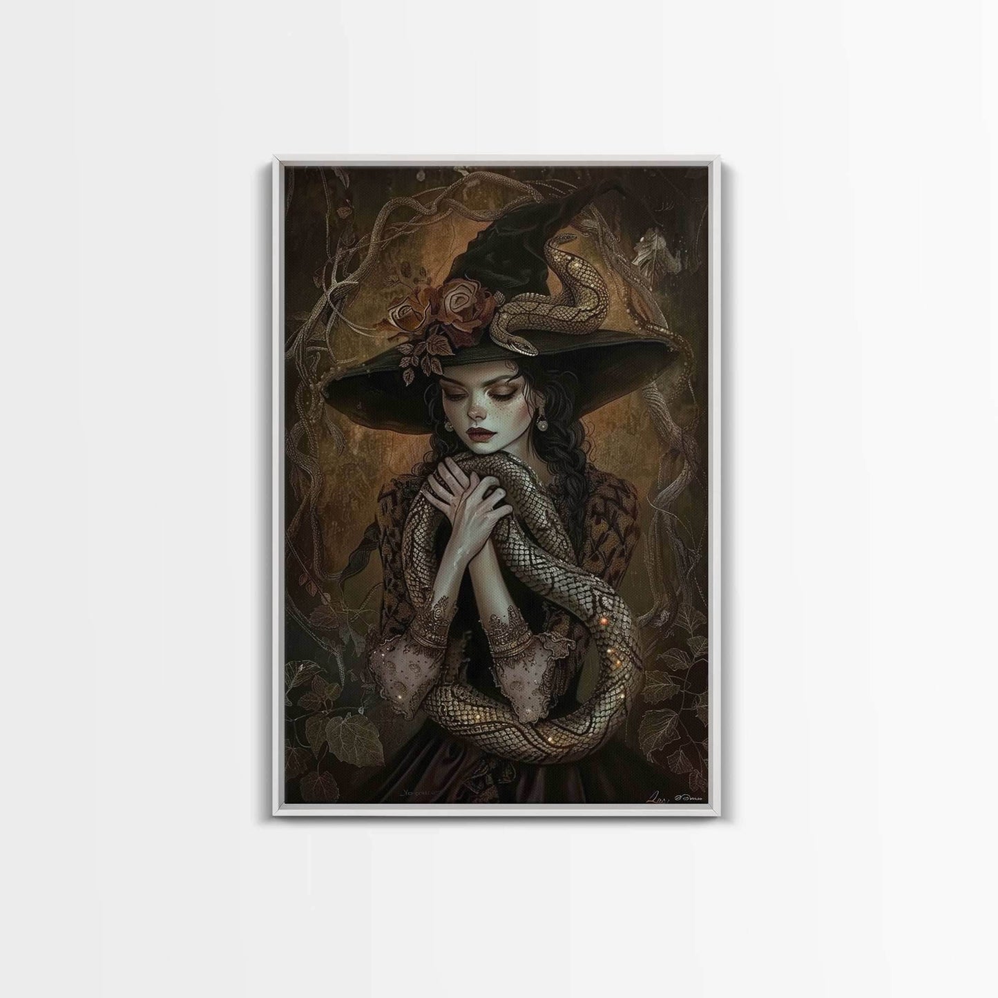 Mysterious Witch Holding Snake, Framed Canvas Print, Gothic Witch Art, Dark Fantasy Decor, Witch and Serpent, Halloween Accessories - 8x12 Inches / White Frame