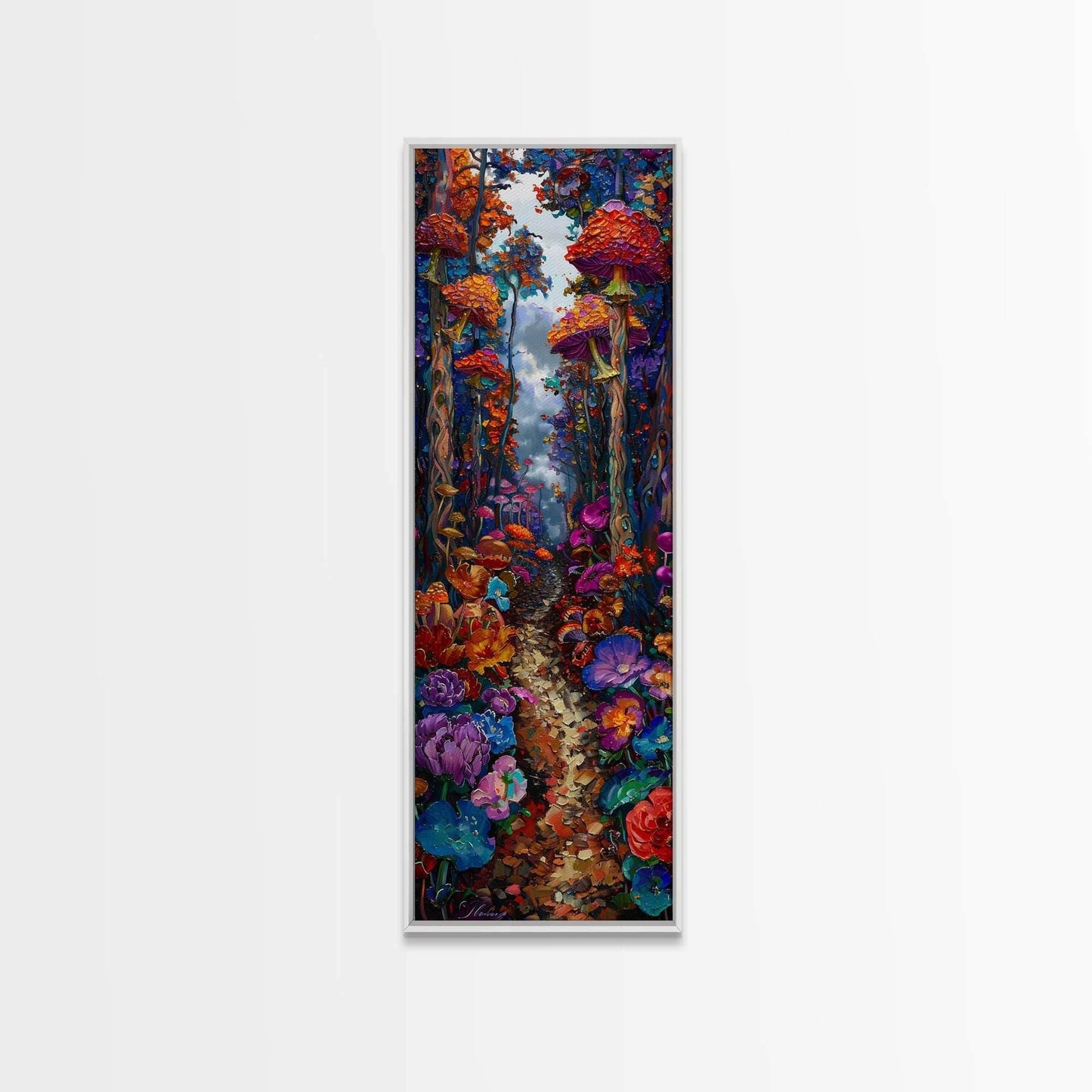 Fantasy Forest Pathway with Giant Mushrooms as Tall Skinny Art Framed Canvas Print for Whimsical Wall Decor in Unique Spaces - 10x30 Inches / White Frame
