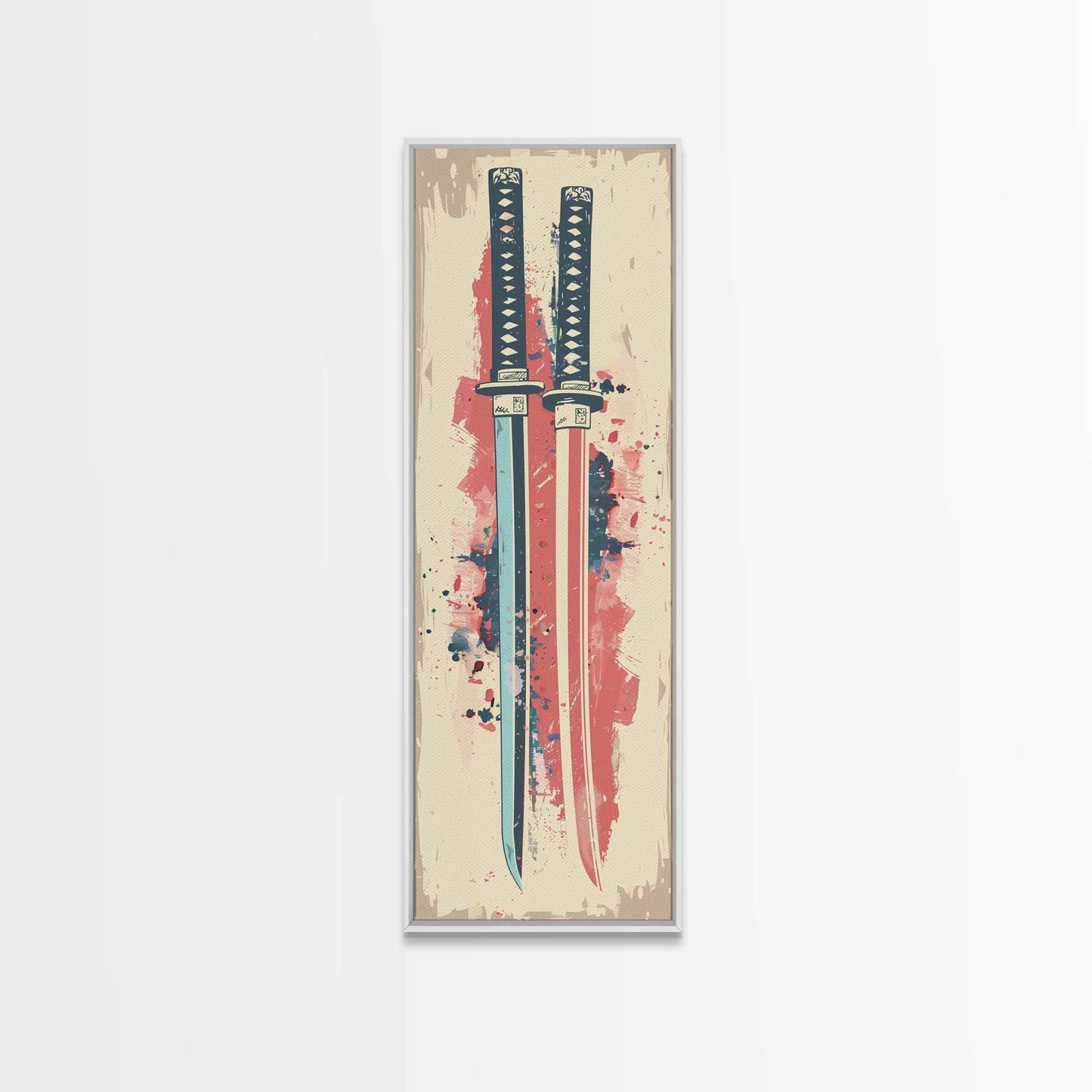 Abstract Samurai Swords Framed Canvas Print Ukiyo-e Art Japanese Style Tall Art Skinny Art Wood Block Print - 10x30 Inches / White Frame