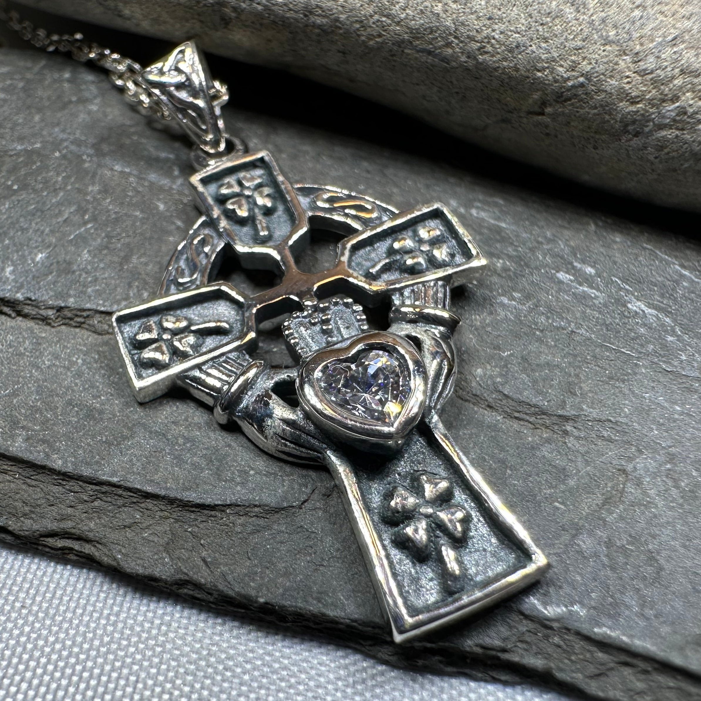 Irish Love Shamrock Claddagh Cross Necklace