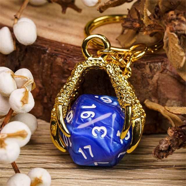 Claw Blue D20 Keychain Featuring Gold Metal Dragon Claw + d20 - 